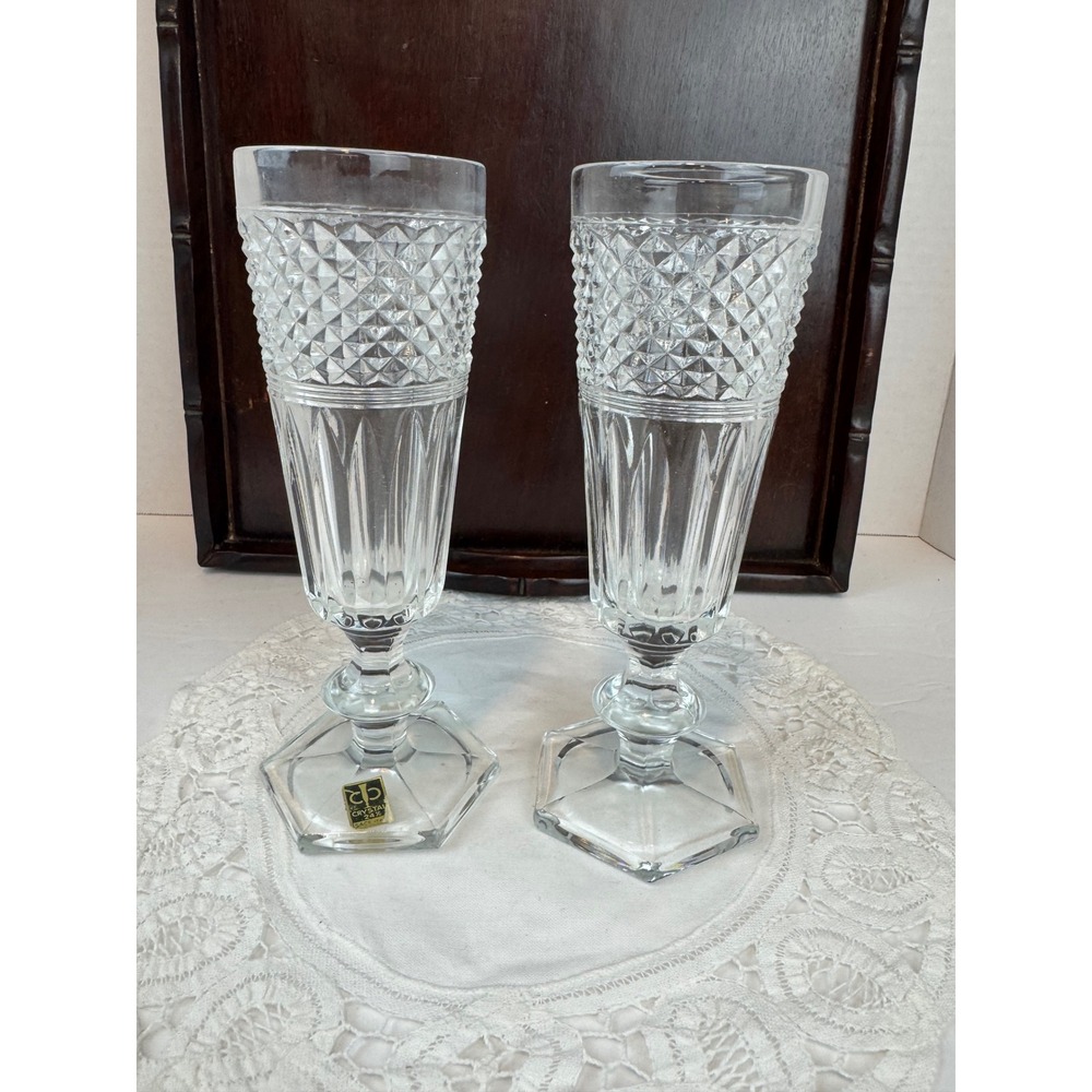 Sace Italy 24% Lead Crystal Champagne Flutes Set of 2 Hexagonal Base Diamond Cut